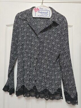 APT. 9 Sheer Button Down Top - Black/White, size Large